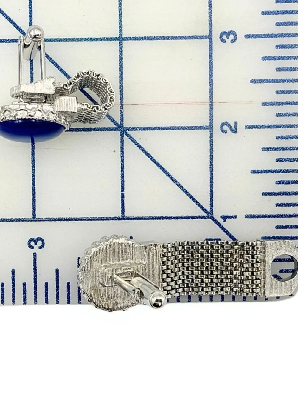 Charming Retro Style MCM Blue Thermoset Cab Silver Plated Mesh Cufflinks